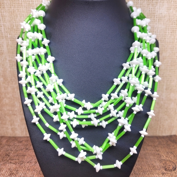 Japan 10 Strand Vintage Filigree Neon Green and White Glass Beaded Necklace - Picture 1 of 4